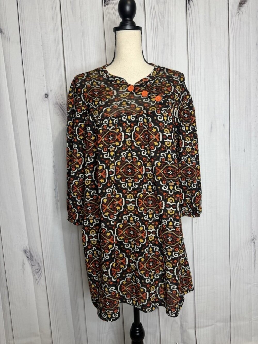 Urban Renewal Short Tunic Dress Sz L Boho Print 3/4 Sleeve Button Detail